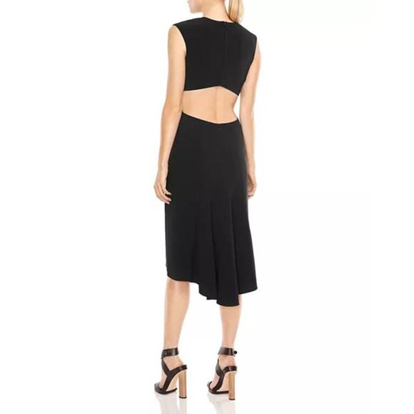 Halston Cutout Crepe Dress Size 8 Black Midi Sleeveless Classic LBD Designer - Picture 5 of 14